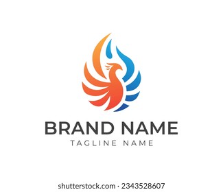 phoenix logo with oil drop shape with phoenix color partially fire orange with blue oil. phoenix logo template
