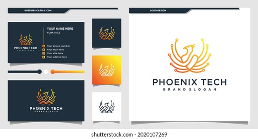 Phoenix logo with technology line art concept and business card Premium Vecto