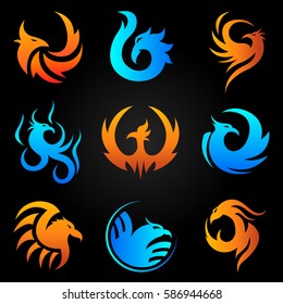 Phoenix logo templates set. Mythic firebird symbol in flame and fire art icons for cororate business design