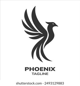 Phoenix-Logo. Vektorgrafik-Ikone des fliegenden Vogels. Symbol für Freiheit, Wiedergeburt und Wachstum. Vogelemblem mit ausgebreiteten Flügeln und buschigen Schwanz für Kreativunternehmen, Sport-Teams oder Business.