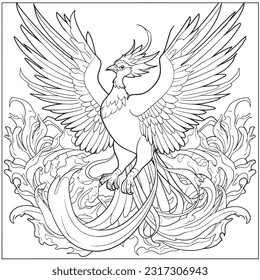 Phoenix, Magical coloring book with fairy tale animals. Color enchanting creatures like Griffins , Phoenix, Dragon and mermaids. Let your imagination roam.