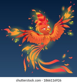 Phoenix with majestic tail and burning plumage. Burning fiery bird isolated  mascot logo design. Fairytale animal, symbol of immortality and reborn from ashes. Vector illustration