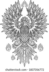 phoenix mandala design for coloring book or t shirt design print