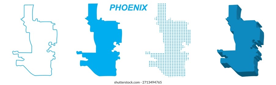 Phoenix Mapa Vetor Set, Arizona Contorno Silhueta Pontilhada 3D Formas Sólidas, Phoenix City Infographic Template, Editável EPS Phoenix Geografia