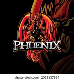 Phoenix mascot logo illustration for epsort gaming. Red Phoenix for esport and sport mascot logo isolated on dark Red Background.