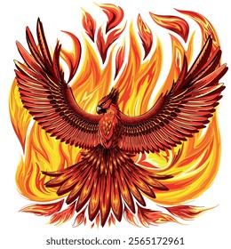 Phoenix mithological Creature looking like a Bird with Fire Feather surrouded by fire vector illustration