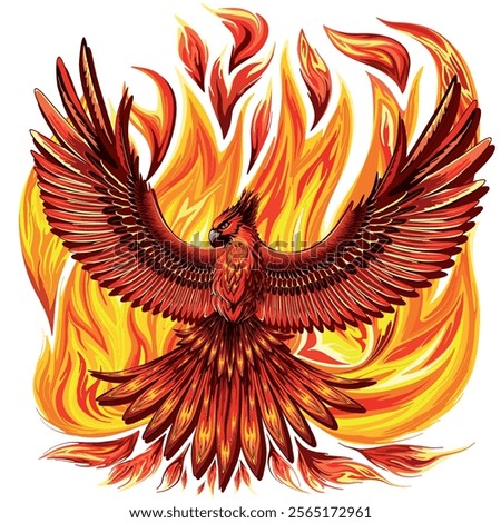 Phoenix mithological Creature looking like a Bird with Fire Feather surrouded by fire vector illustration