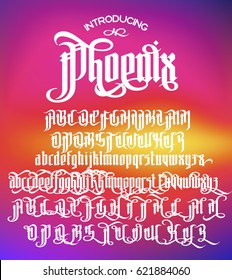 Phoenix - modern gothic Style Font. Gothic letters with alternate decoration elements. Vector alphabet