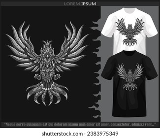 Phoenix monochrome mandala arts isolated on black and white t shirt.