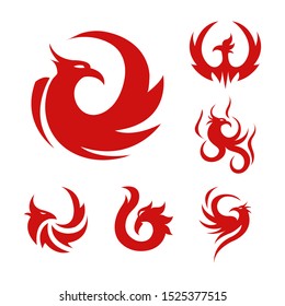 Phoenix, mythical bird stylized graphic logo art, circle shaped and curly, set of six in red color, abstract stylized tattoo, graphic black vector illustration on white background