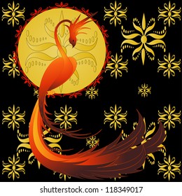 Phoenix- mythical bird, vector illustration with golden ornament
