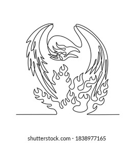 Phoenix a Mythological Bird That Cyclically Regenerates on Fire Front View Continuous Line Drawing Black and White 