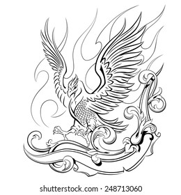 phoenix on a background of flames and oranmental, mythical animals, birds, vector illustration