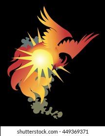 Phoenix on a black background. Monochrome vector image