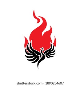 phoenix on fire logo, silhouette of bird and flame, vector illustrations