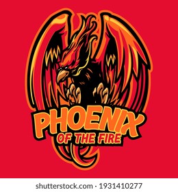 Phoenix on fire mascot character logo design. Red Phoenix mascot logo design for e-sport team squad. Mythology bird mascot vector illustration for gaming, esport, youtube, streamer and twitch