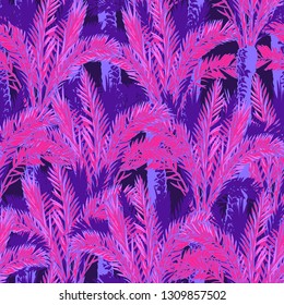 Phoenix palm trees on a deep purple background. Tropical jungle. Seamless pattern with Irregular distribution of elements. Trendy 2019 colors. EPS10 vector illustration.
