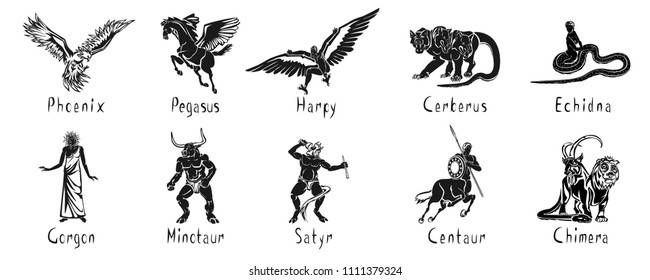 Phoenix, Pegasus, Harpy, Cerberus, Echidna, Gorgon, Minotaur, Satyr, Centaur, Chimera black vector illustration isolated on a white background. Set of creatures in Greek mythology