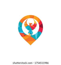 Phoenix pin vector logo design. Phoenix as a pin spot locator logo concept.