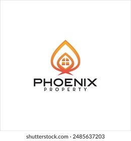 Logotipo de la propiedad de Phoenix con iconos de fuego y casa en amarillo degradado
