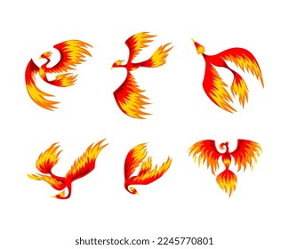 Phoenix mit roten Flammen und Federn als unsterblicher Vogel aus dem griechischen Mythologie-Vektorset