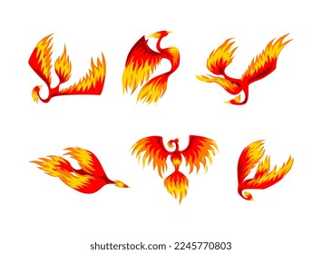 Phoenix with Red Flamed Wings and Feather as Immortal Bird from Greek Mythology Vector Set