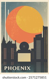 Phoenix retro city poster with abstract shapes of skyline, buildings. USA, Arizona state vintage travel vector illustration, cityscape at sunrise, sunset