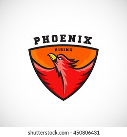 Phoenix Rising Abstract Vector Logo Template. Flying Fire Bird Illustration in a Shield. Perfect for Sport Team Emblems, League Labels, etc. Isolated.