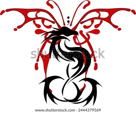 Phoenix Rising black symbol over a red butterfly a semi colon. Rise up, concur and blossom abstract vector design Imagine de stoc © 