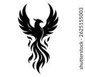 Phoenix Rising in Monochrome. vector: Ideal for use as a tattoo, icon, web graphic design, and infographic concepts."