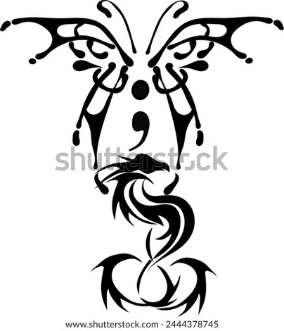 Phoenix Rising symbol with a butterfly on top and a semi colon between. Rise up, concur and blossom abstract vector tattoo banner design. Motivational, depression symbol. Imagine de stoc © 