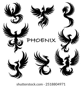 Phoenix Silhouette Set. Flat Vector Illustration