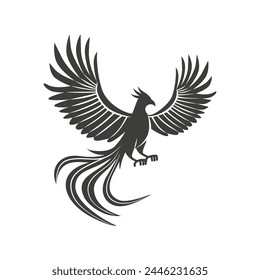 phoenix silhouette. Vector silhouette of phoenix on white background. black phoenix isolated on white background. hand drawn design. vector illustration. Phoenix bird silhouette.