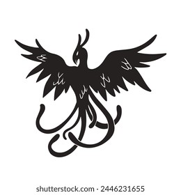 phoenix silhouette. Vector silhouette of phoenix on white background. black phoenix isolated on white background. hand drawn design. vector illustration. Phoenix bird silhouette.