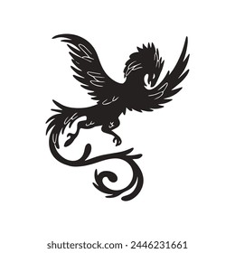 phoenix silhouette. Vector silhouette of phoenix on white background. black phoenix isolated on white background. hand drawn design. vector illustration. Phoenix bird silhouette.