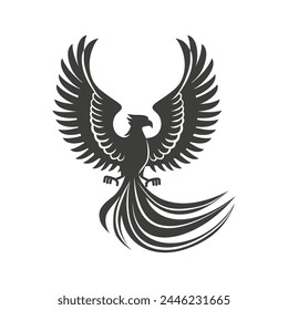 phoenix silhouette. Vector silhouette of phoenix on white background. black phoenix isolated on white background. hand drawn design. vector illustration. Phoenix bird silhouette.