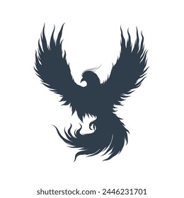 phoenix silhouette. Vector silhouette of phoenix on white background. black phoenix isolated on white background. hand drawn design. vector illustration. Phoenix bird silhouette.