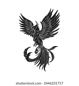 phoenix silhouette. Vector silhouette of phoenix on white background. black phoenix isolated on white background. hand drawn design. vector illustration. Phoenix bird silhouette.