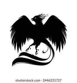 phoenix silhouette. Vector silhouette of phoenix on white background. black phoenix isolated on white background. hand drawn design. vector illustration. Phoenix bird silhouette.