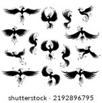 Phoenix silhouettes. Heraldic fenix emblems silhouette set, vector tribal fire bird life symbol, flying firebird with spread wings icons