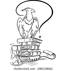 Phoenix sits on a stack of books near parchment and hourglass sketch vector illustration hand draw