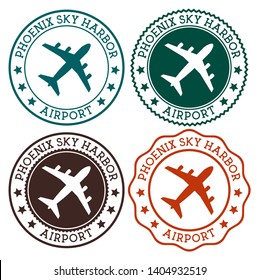 Phoenix Sky Harbor Airport. Phoenix airport logo. Flat stamps in material color palette. Vector illustration.