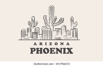 Phoenix skyline, arizona landscape hand drawn sketch 