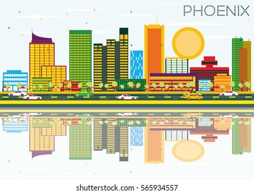 Phoenix Skyline with Color Buildings, Blue Sky and Reflection. Vector Illustration. Business Travel and Tourism Concept. Image for Presentation Banner Placard and Web Site.