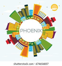 Phoenix Skyline with Color Buildings, Blue Sky and Copy Space. Vector Illustration. Business Travel and Tourism Concept. Image for Presentation Banner Placard and Web Site.