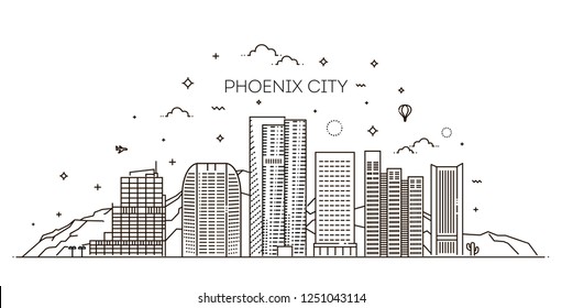 Phoenix skyline, detailed silhouette. Trendy vector illustration, linear style