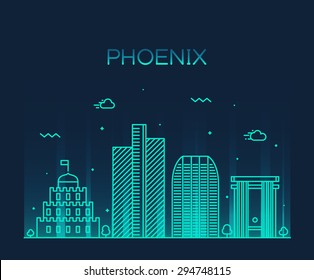 Phoenix skyline, detailed silhouette. Trendy vector illustration, linear style.