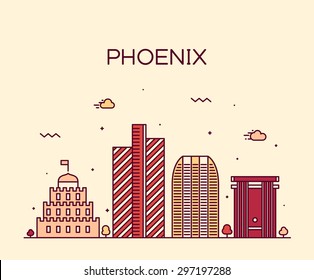 Phoenix skyline, detailed silhouette. Trendy vector illustration, linear style.