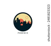 Phoenix skyline, downtown panorama logo, logotype. USA, Arizona state round badge contour, isolated vector vintage pictogram with monuments, landmarks