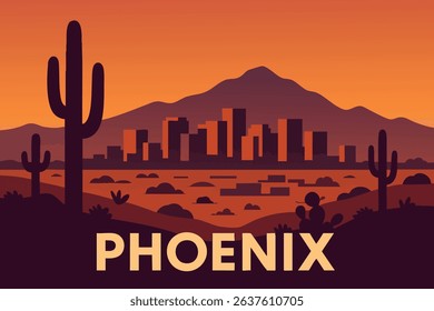 The Phoenix skyline at dusk, with the city lights contrasting against the rugged desert horizon and the silhouette of nearby mountains, offers a unique view of the American Southwest